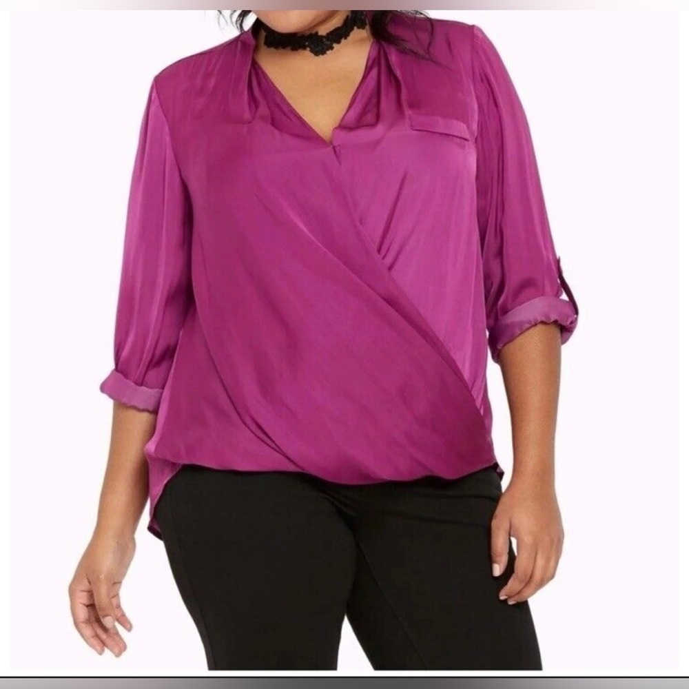 5 for $25 bundle! Torrid Satin Purple Button Sleeve Wrap Blouse Long Back 2X